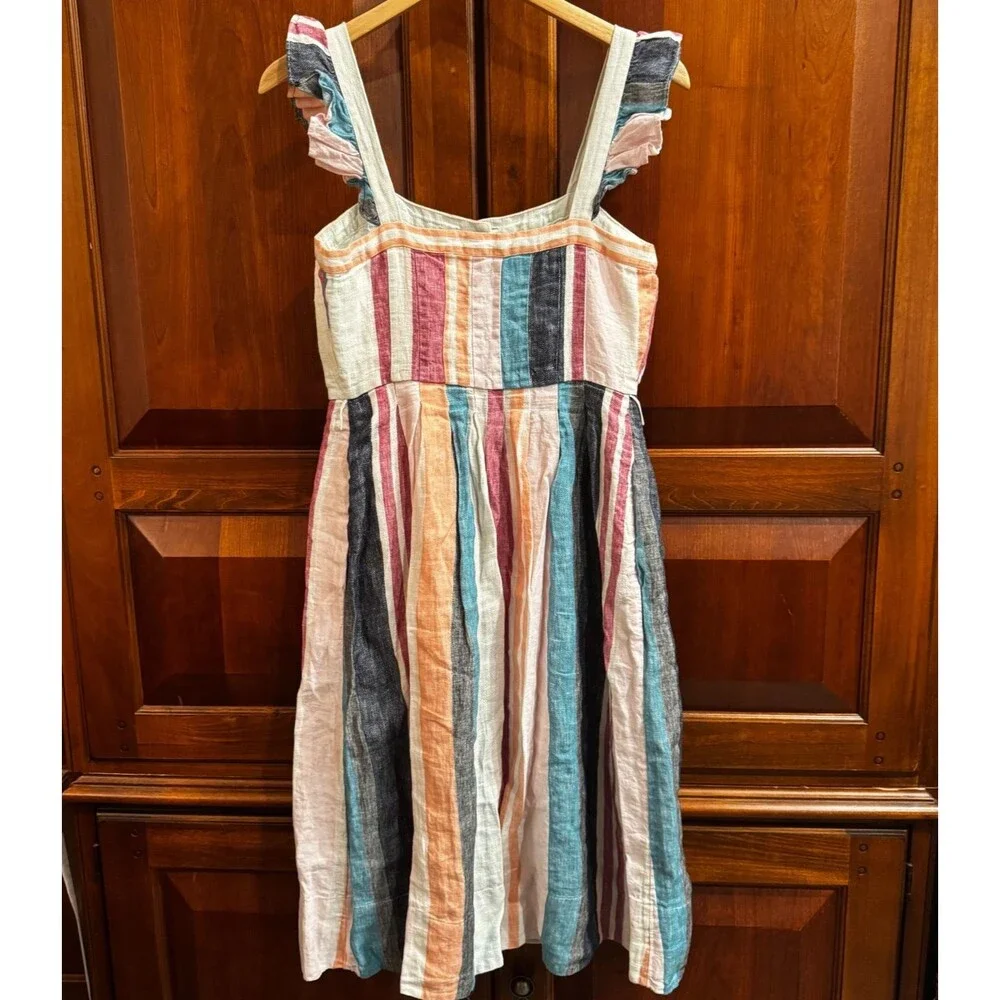 J.Crew 100% Linen Striped Midi Dress Ruffle Strap Button Front No Belt Size 2